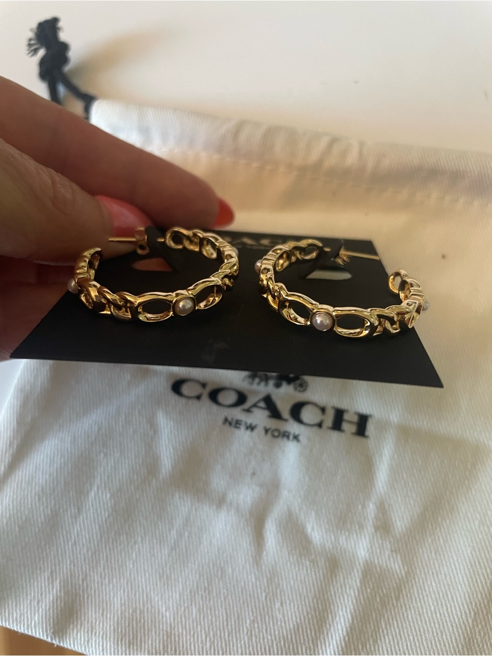 COACH Gold Chain-Link Hoop Earrings with Polished Finish - Picture 2 of 5